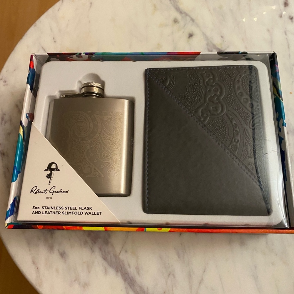 Robert Graham Silver Flask and Black Leather Wallet Set